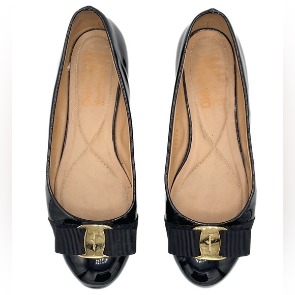 Salvatore Ferragamo Shoes - Salvatore Ferragamo Vara Flats Black Patent Leather Bow Logo Shoes